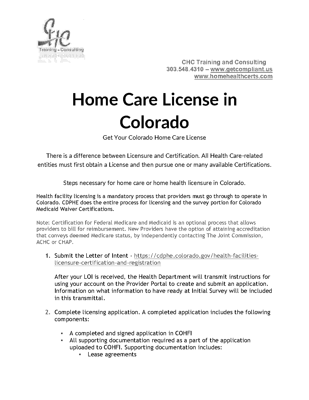 colorado home care license letter of intent