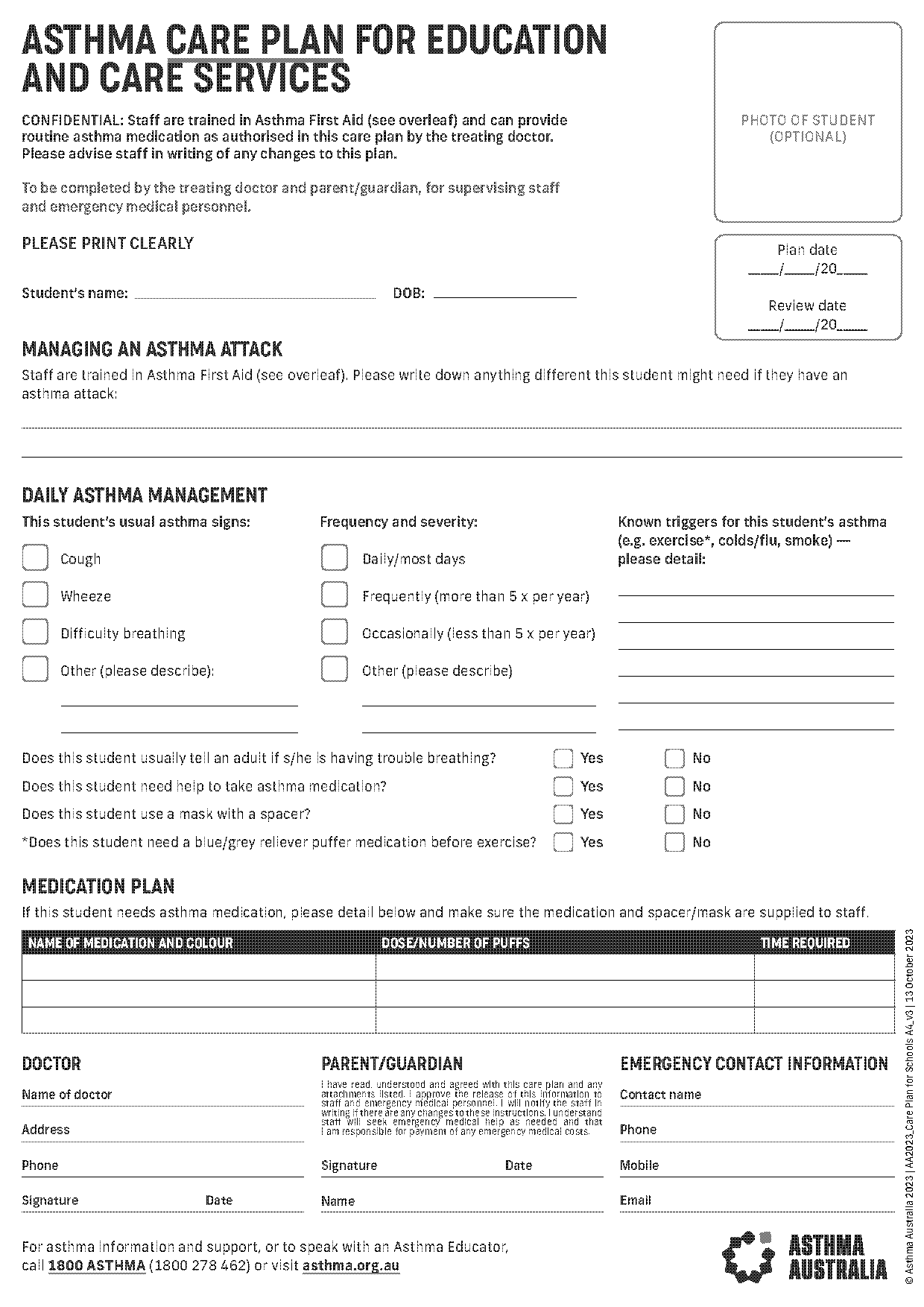 asthma management plan asthma australia