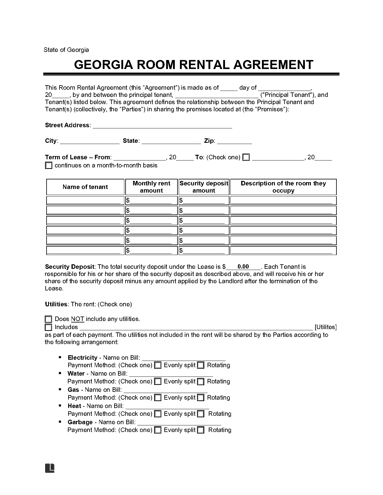 lease agreement room for rent