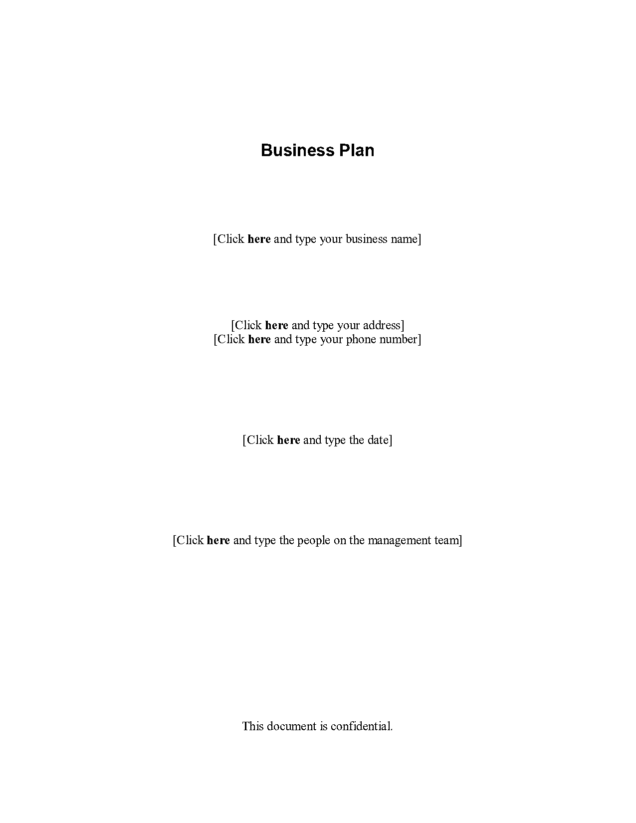 business plan opening page template