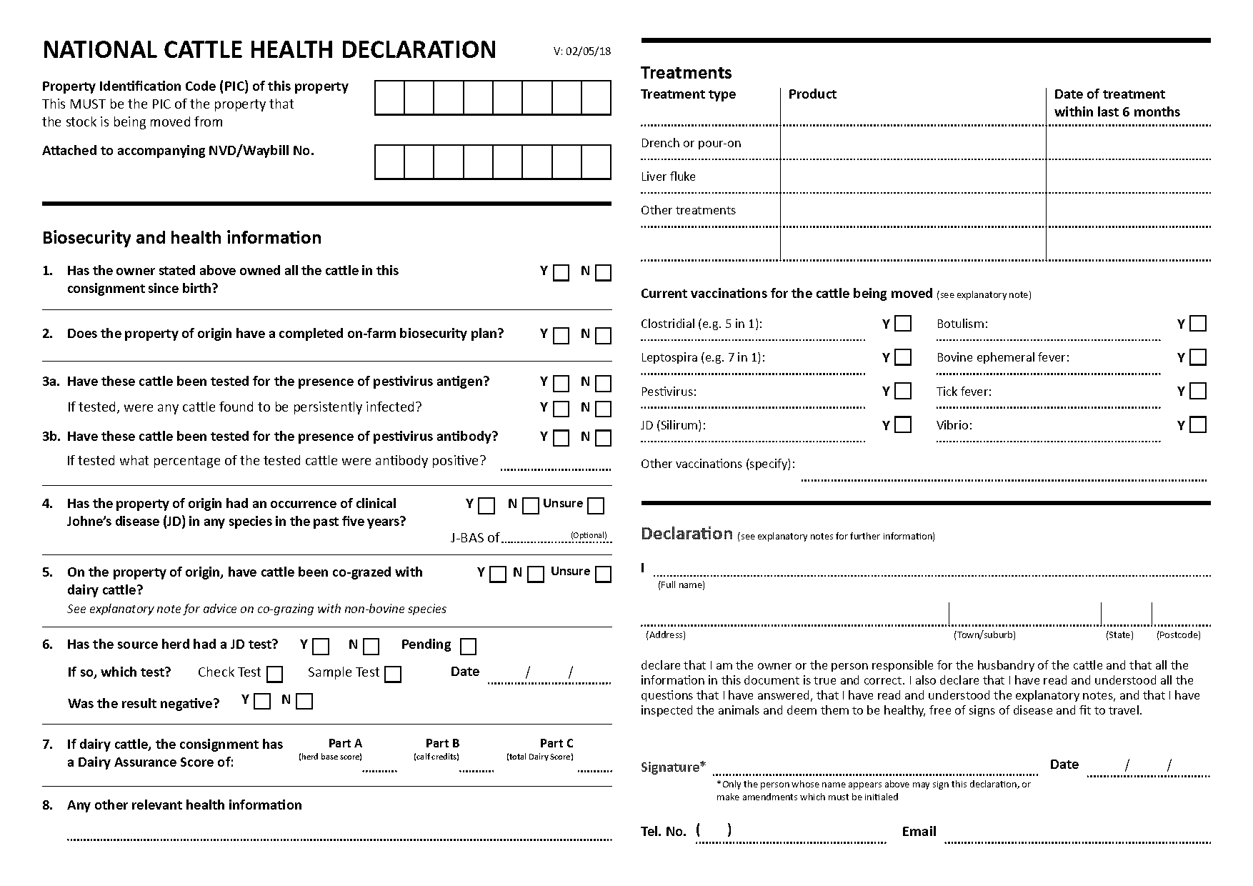 national cattle health declaration form