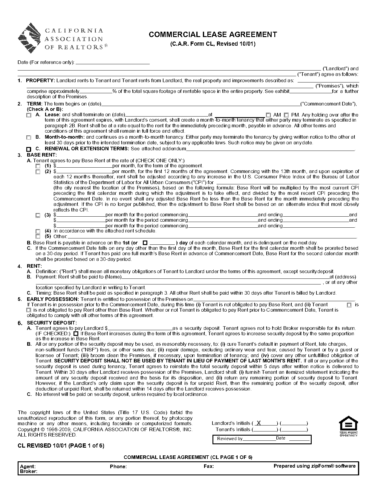 california association of realtor lease agreement form