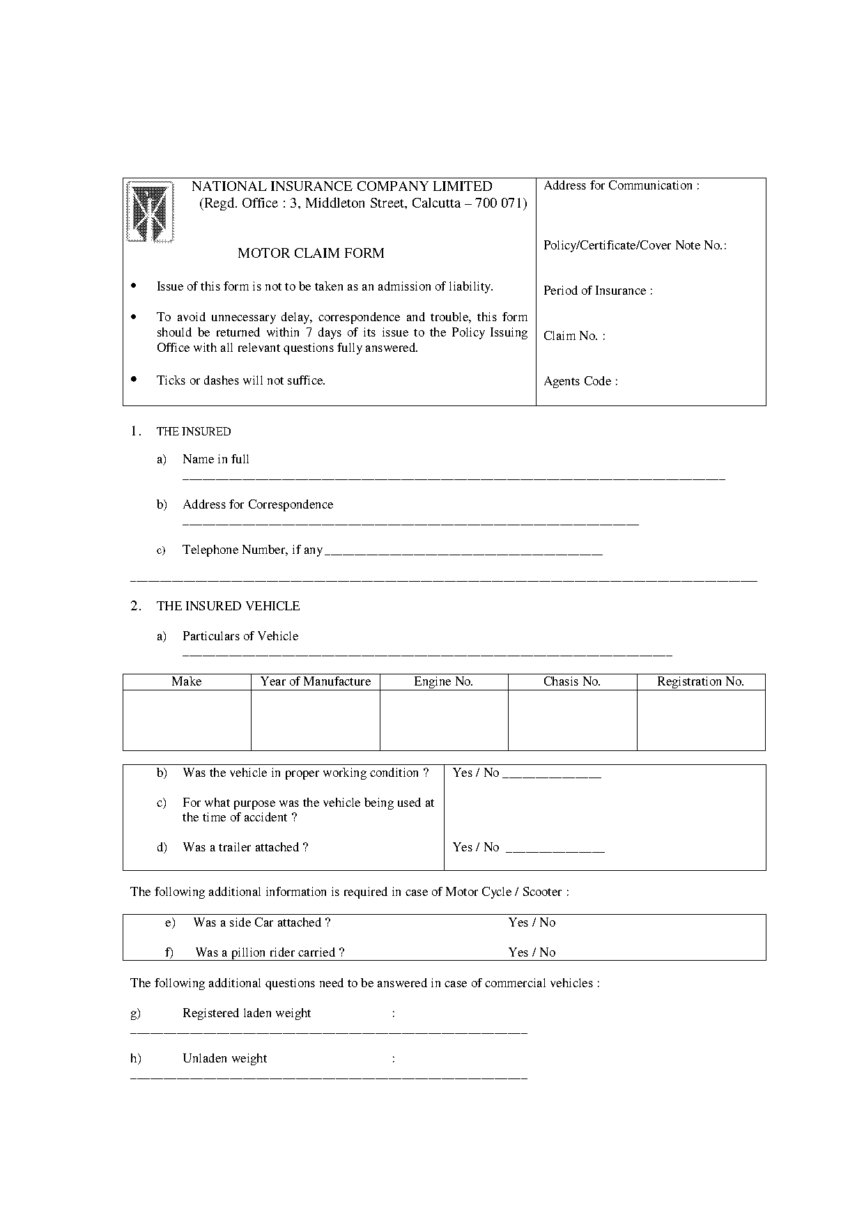 national insurance company claim form motor