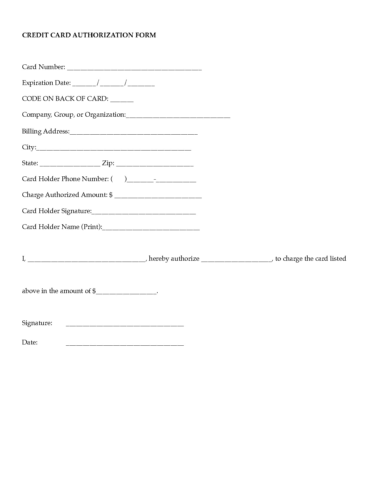 credit card form authorization template