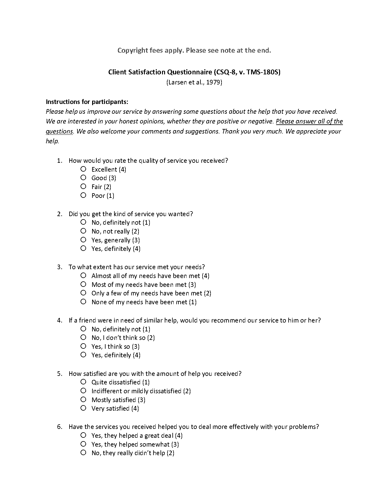 customer satisfaction questionnaire scale