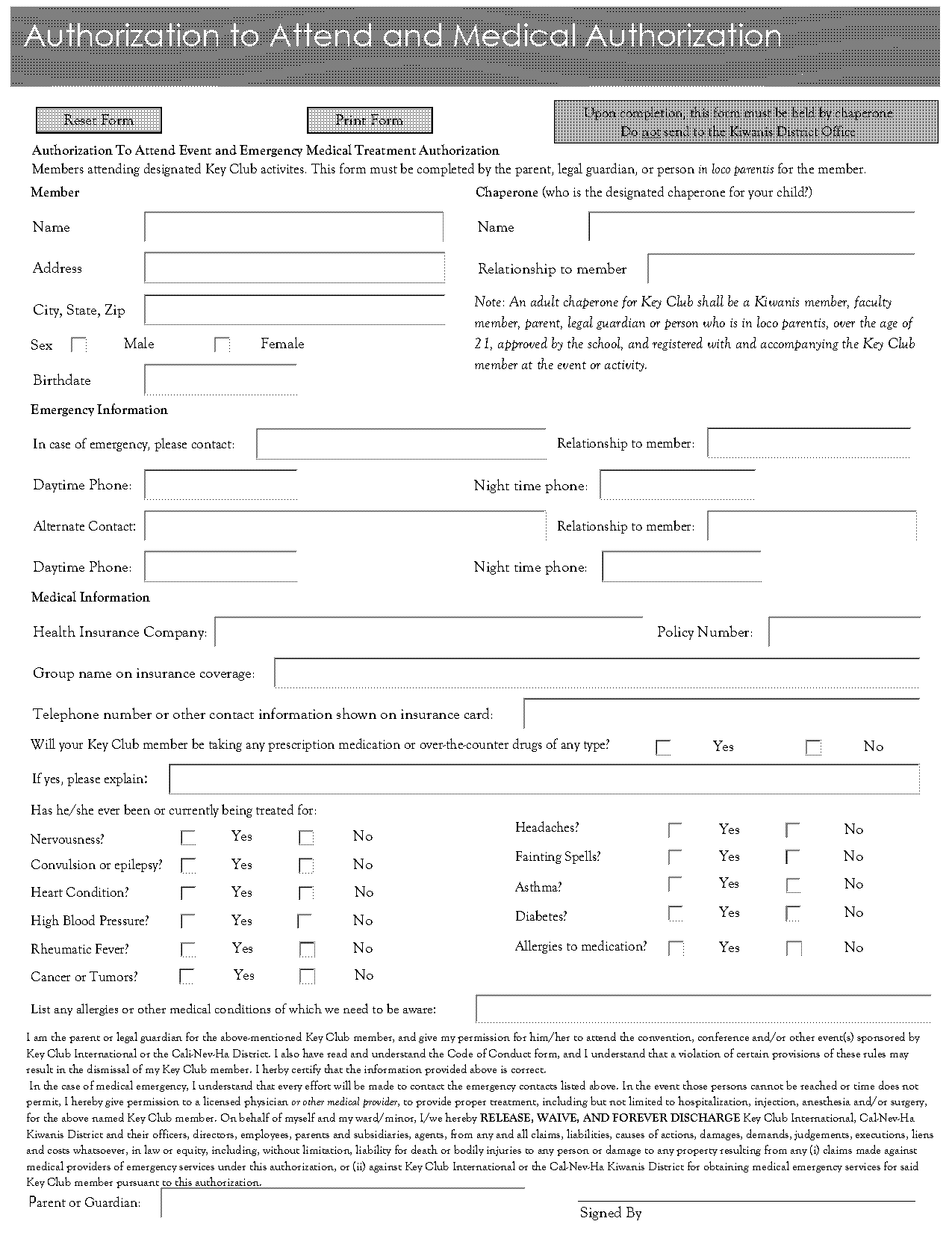 key club medical release form