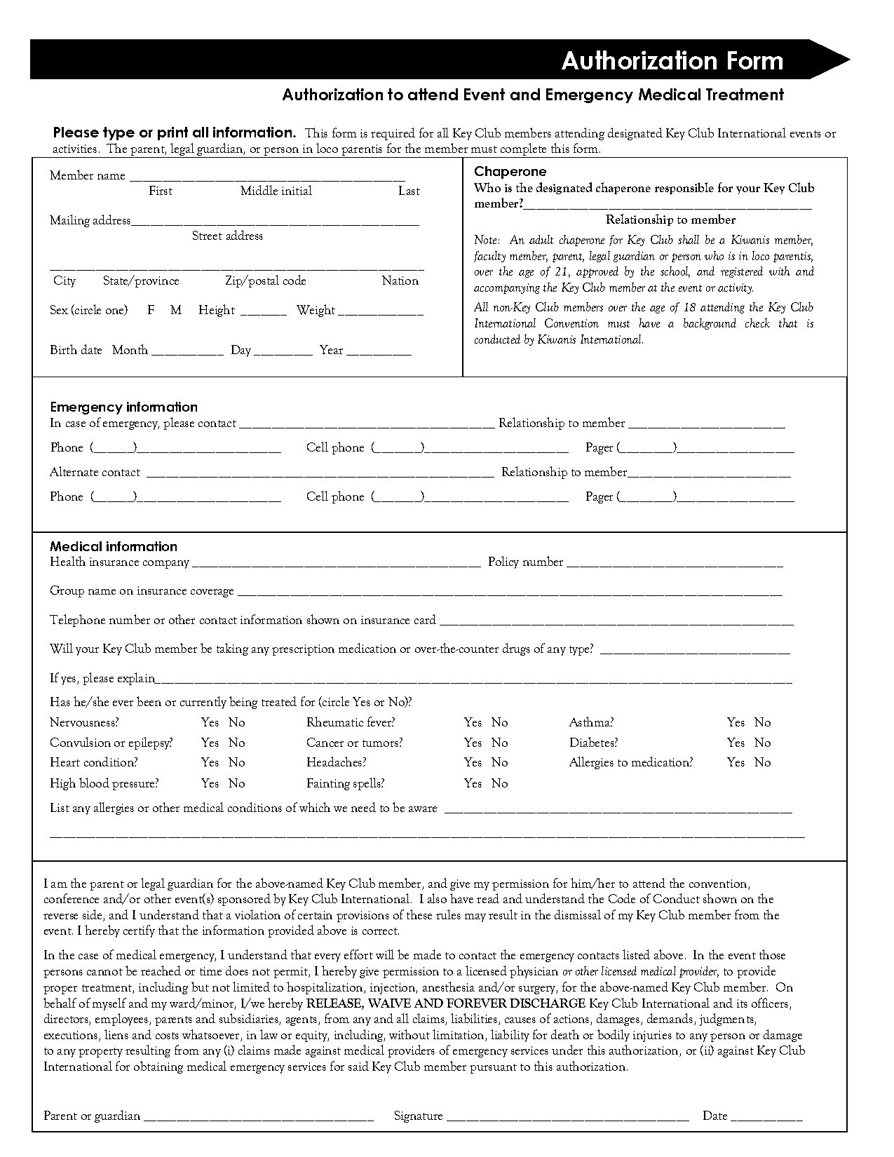 key club medical release form