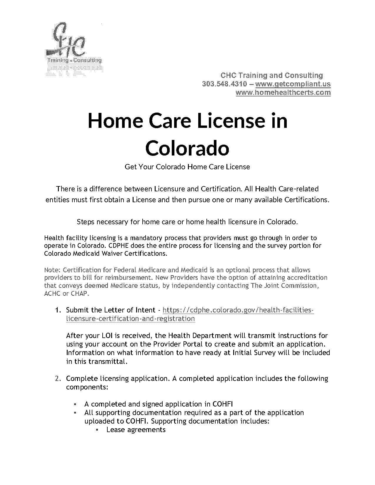 colorado home care license letter of intent