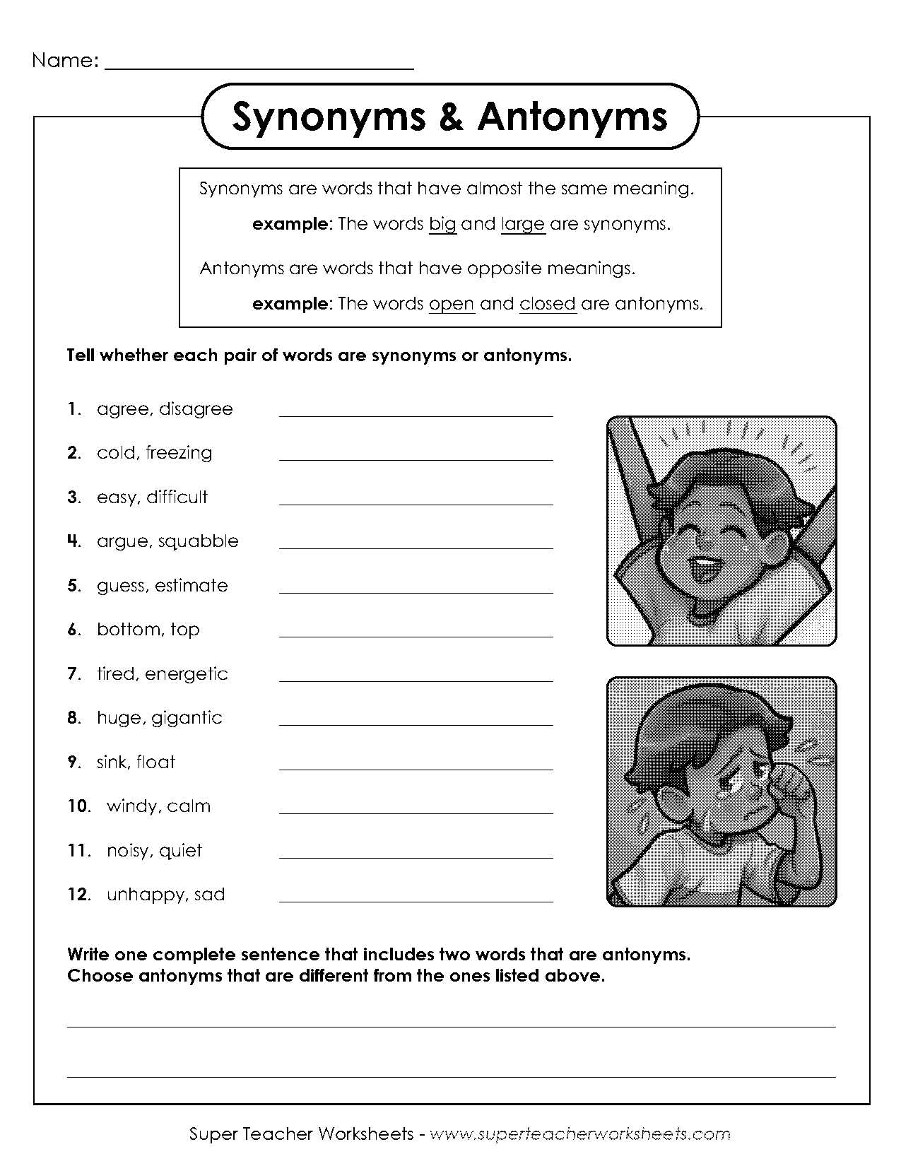 free printable synonym and antonym worksheets