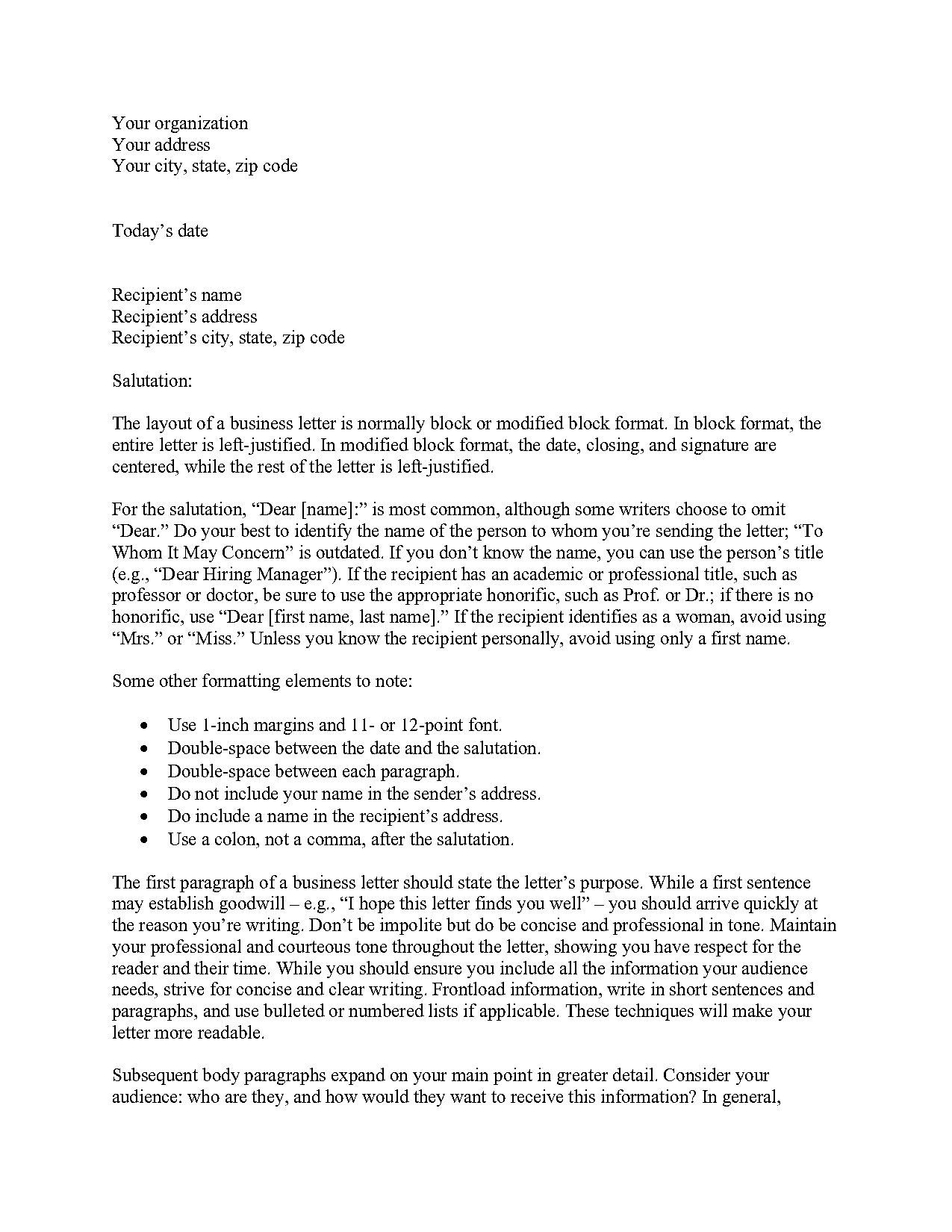 sample letter of business letter