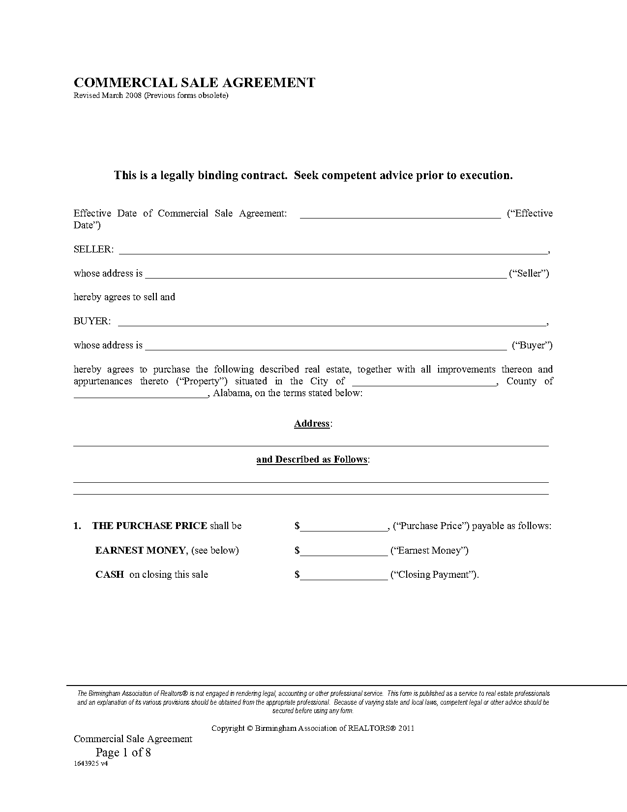 commercial purchase and sale agreement sample