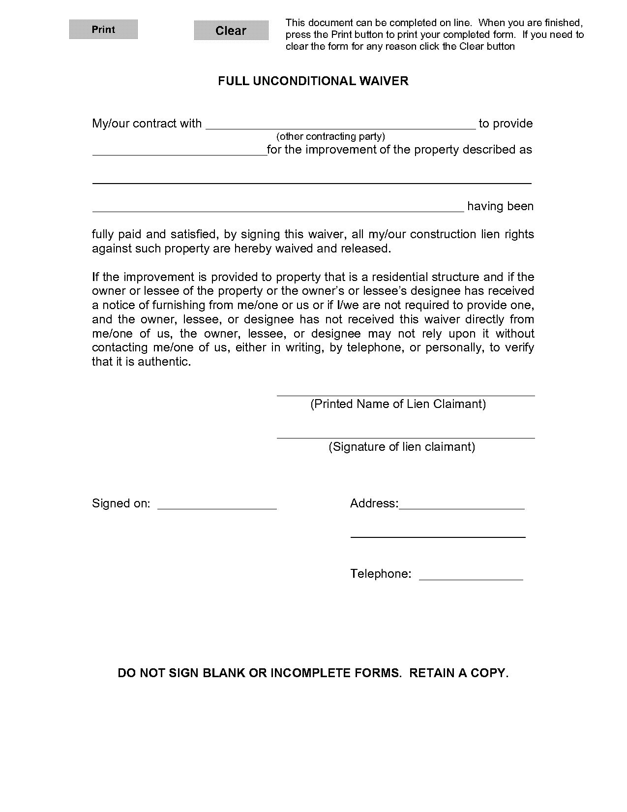 michigan full unconditional lien waiver example