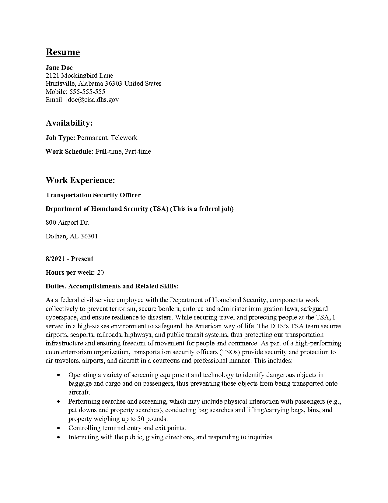 example resume of security guard