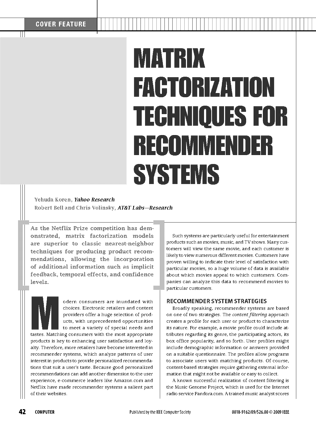 matrix factorization techniques for recommender systems google scholar