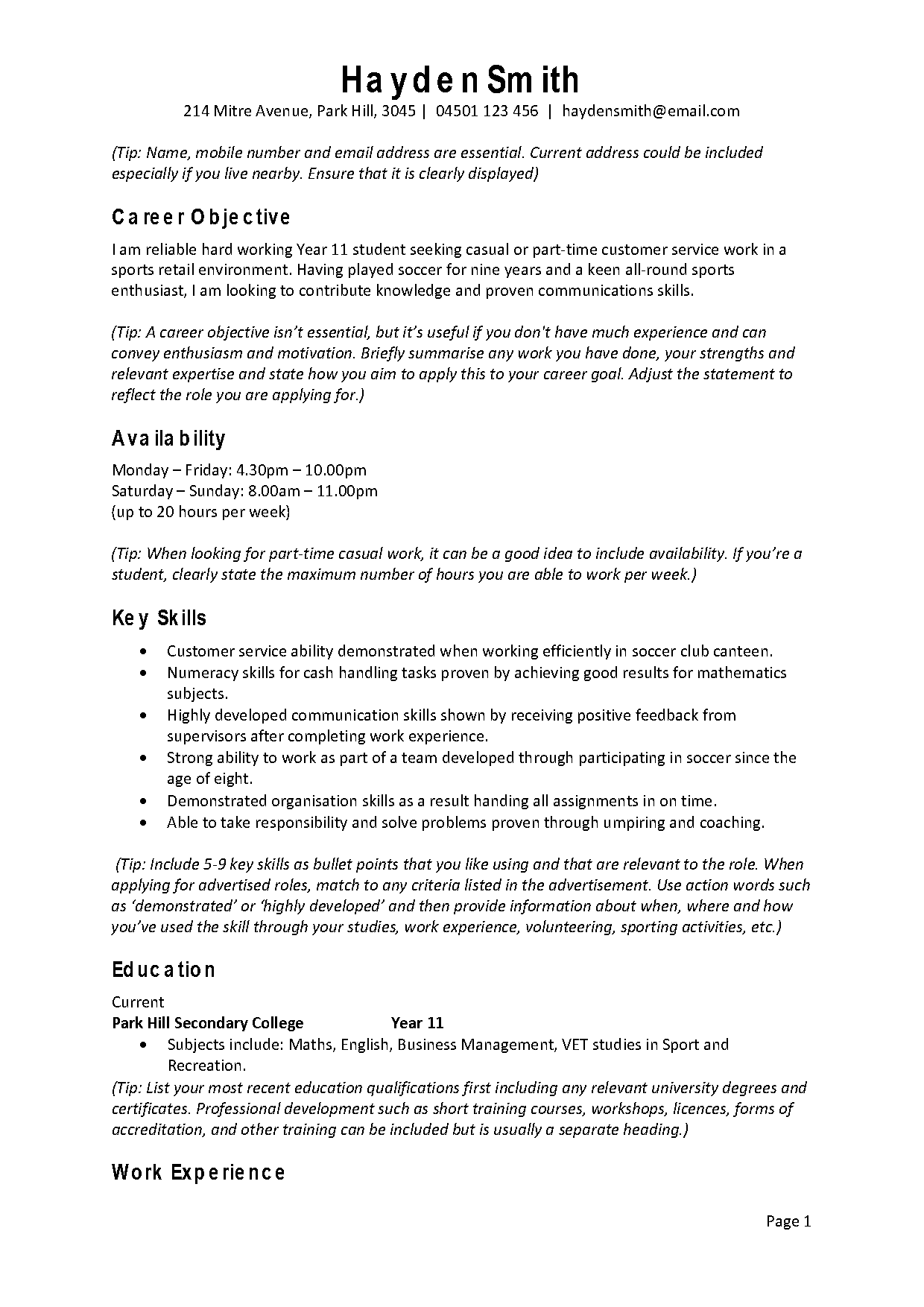 first job student resume examples