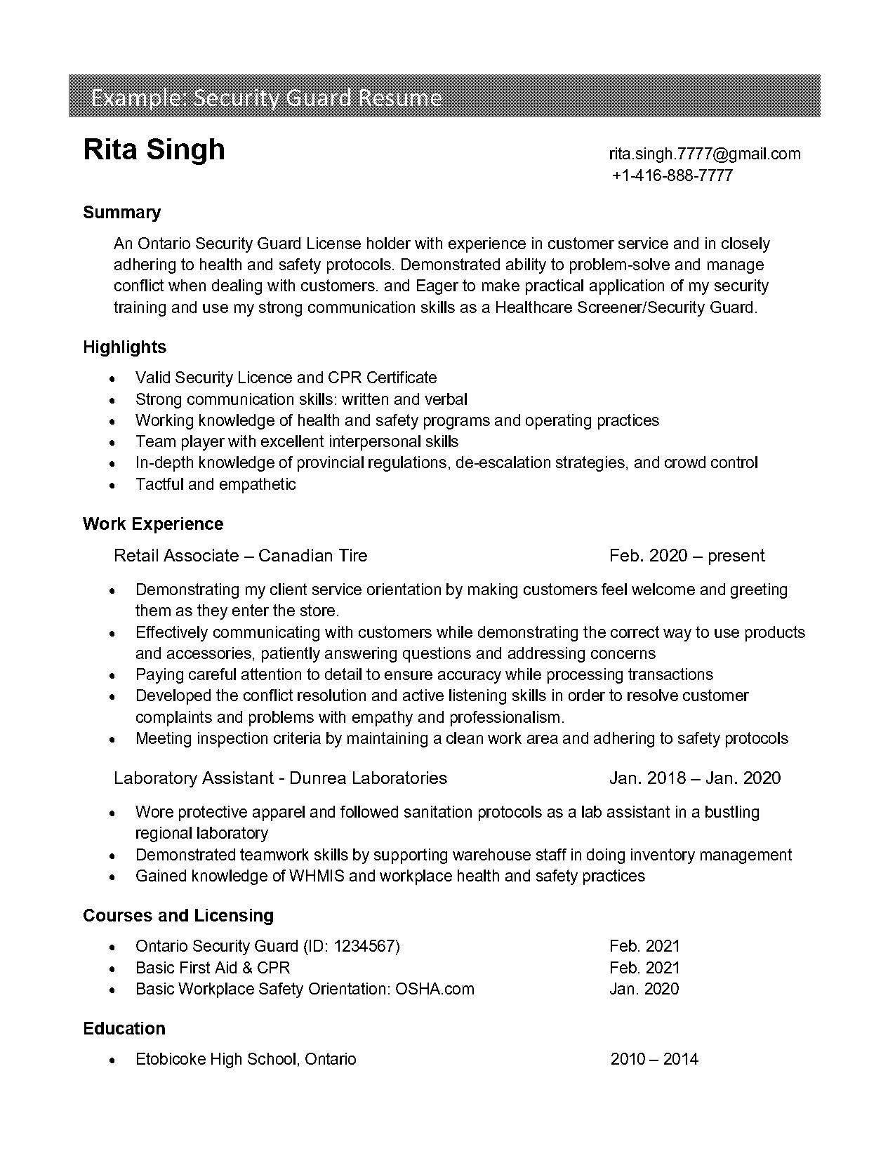 example resume of security guard