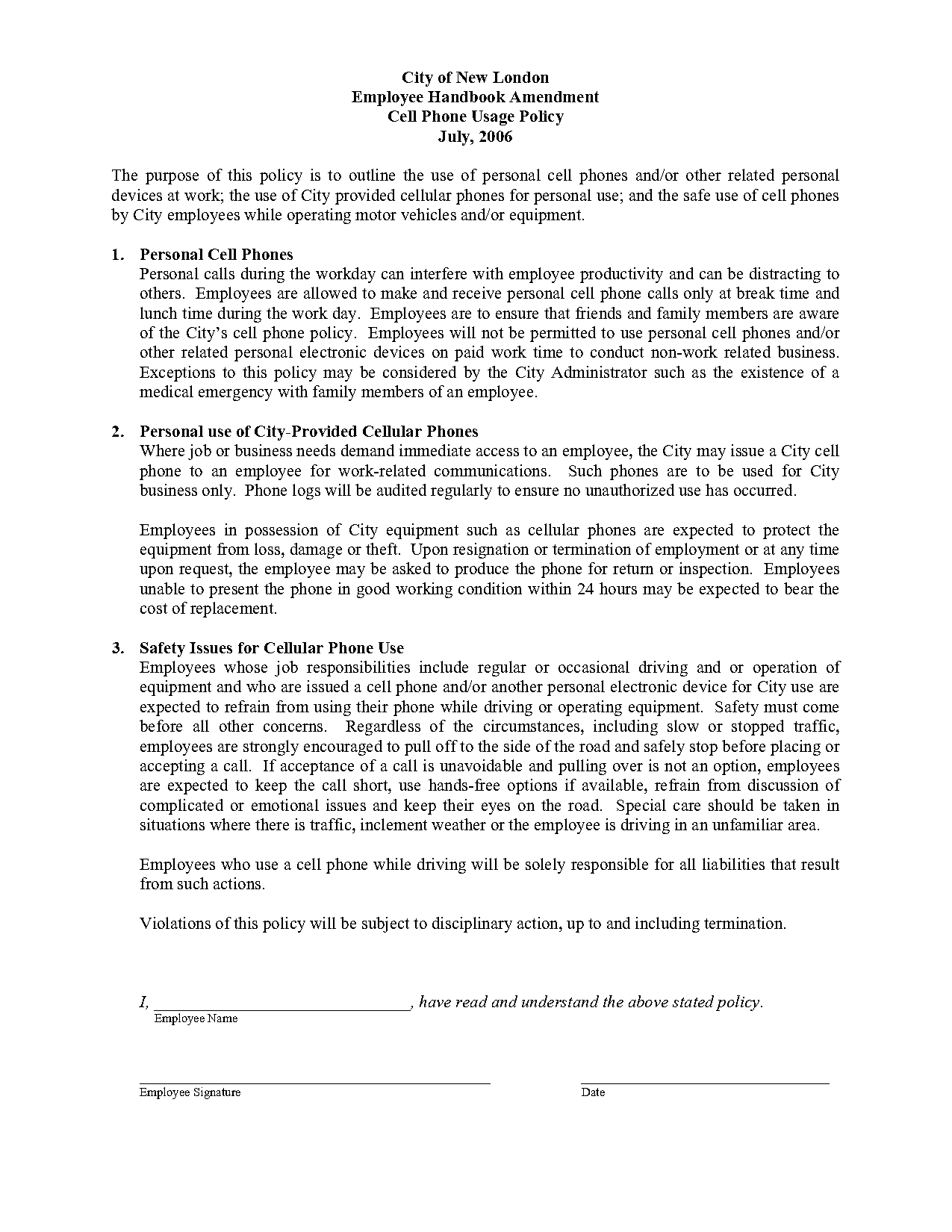 personal cell phone use during work hours policy