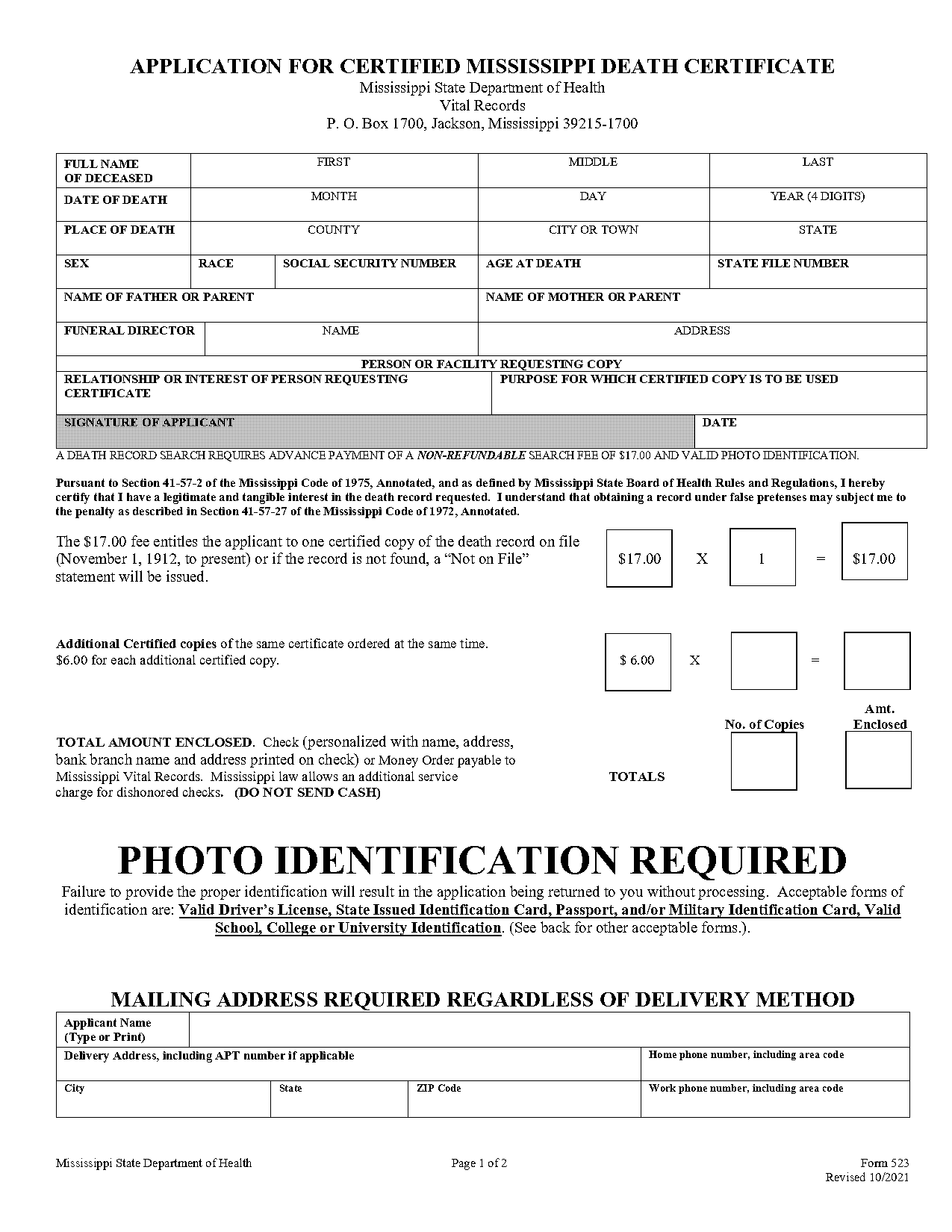 mississippi death certificate request form